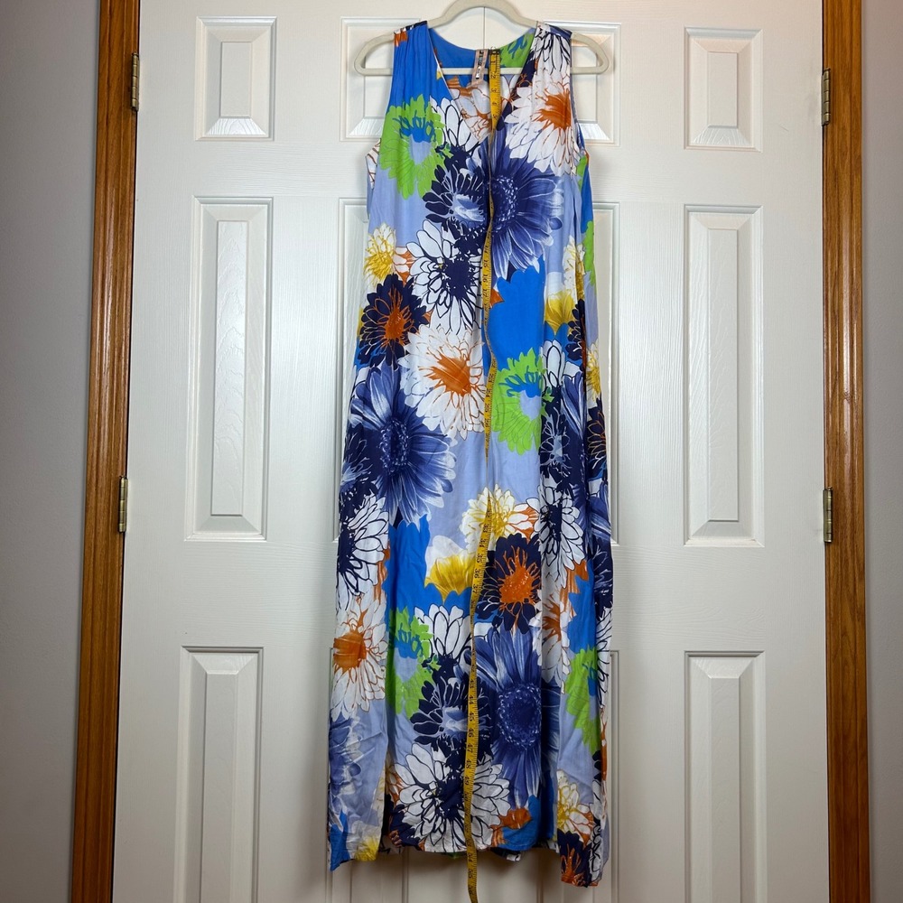 Avante by VSA Blue Floral Modal Sleeveless Maxi Dress V-Neck Summer Flowy Large
